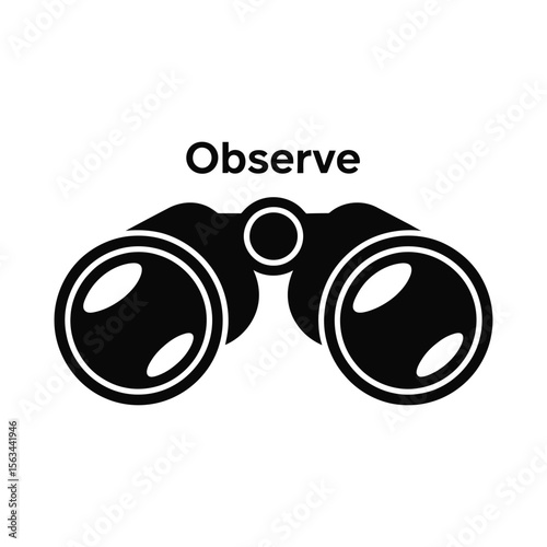 Black silhouette of binoculars with the word observe isolated on white background 