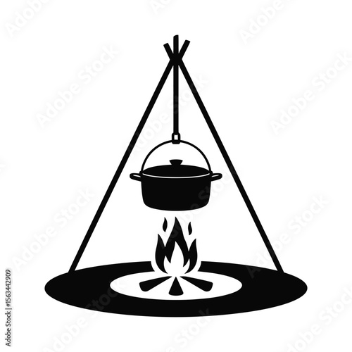 Campfire cooking pot hanging over flames silhouette isolated on white background