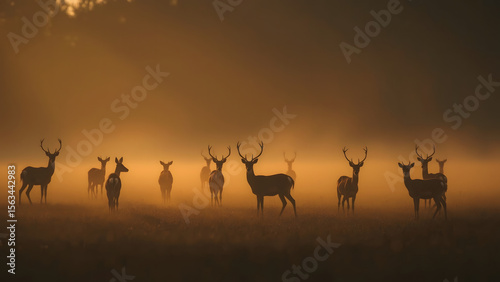 Wallpaper Mural Dramatic Herd of Deer in the Mist at Sunset – Emotional Wildlife Scene in Golden Light Torontodigital.ca