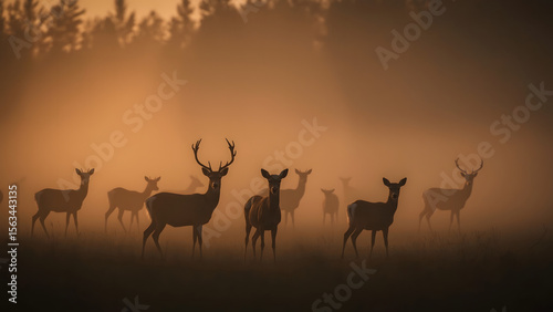 Wallpaper Mural Dramatic Herd of Deer in the Mist at Sunset – Emotional Wildlife Scene in Golden Light Torontodigital.ca