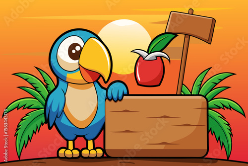 Cartoon Parrot with Wooden Sign, Apple, and Palm Trees at Sunset