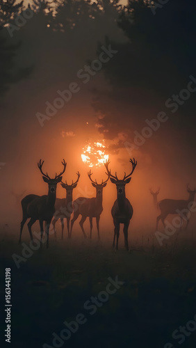 Wallpaper Mural Dramatic Herd of Deer in the Mist at Sunset – Emotional Wildlife Scene in Golden Light Torontodigital.ca