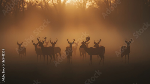Wallpaper Mural Dramatic Herd of Deer in the Mist at Sunset – Emotional Wildlife Scene in Golden Light Torontodigital.ca