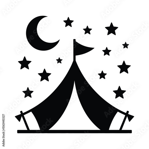 Circus tent under the starry night sky silhouette isolated on white background