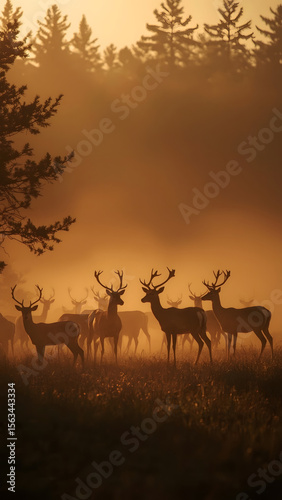 Wallpaper Mural Dramatic Herd of Deer in the Mist at Sunset – Emotional Wildlife Scene in Golden Light Torontodigital.ca