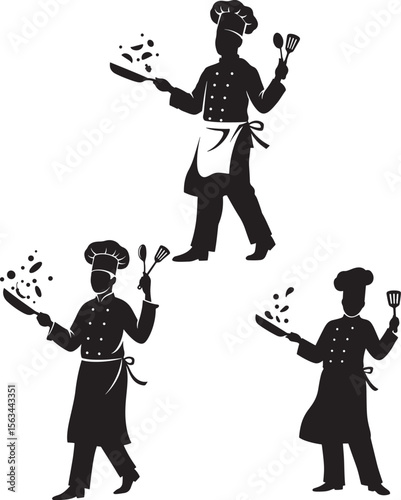 Chef Cooking With Pan Culinary Silhouette Vector Set vector illustration