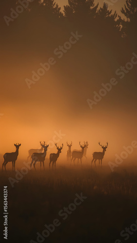 Wallpaper Mural Dramatic Herd of Deer in the Mist at Sunset – Emotional Wildlife Scene in Golden Light Torontodigital.ca