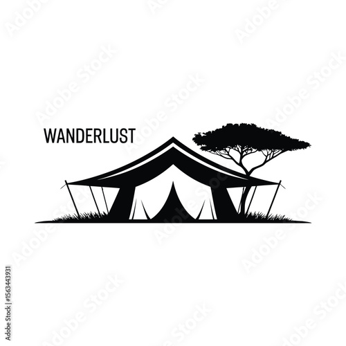 Wanderlust safari tent and acacia tree silhouette isolated on white background