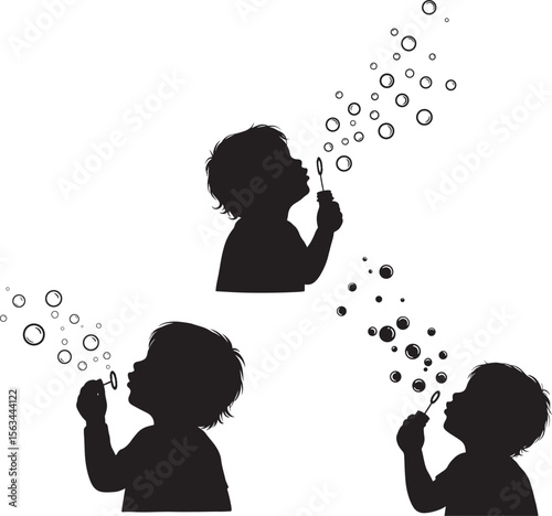 Child Blowing Bubbles Playful Silhouette Vector Set vector illustration