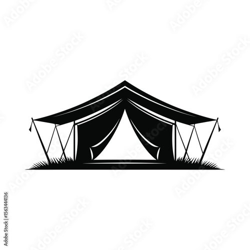 Black silhouette of a canvas safari tent on grass isolated on white background