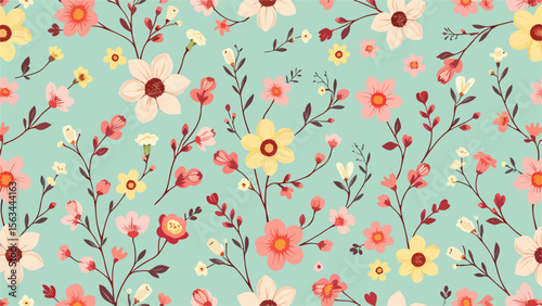 Vector watercolour blue floral seamless pattern, delicate flowers