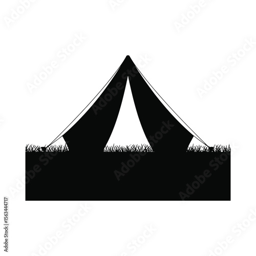 Black silhouette of a camping tent pitched on grass isolated on white background 