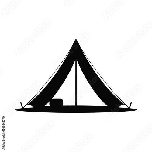 Black silhouette of a canvas bell tent with a sleeping bag inside isolated on white background