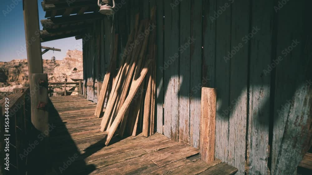 Sunlight casts long shadows on weathered wooden planks leaning against a rustic structure. The warm colors of sunset illuminate the surrounding desert landscape.