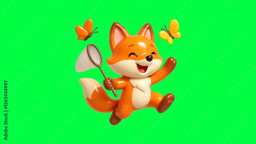 Fototapeta premium PNG Joyful fox chasing butterflies
