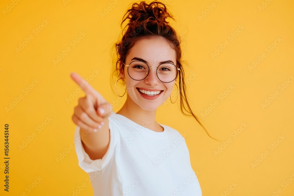 Cheerful young woman pointing finger on yellow background Cheerful young woman pointing finger on yellow background