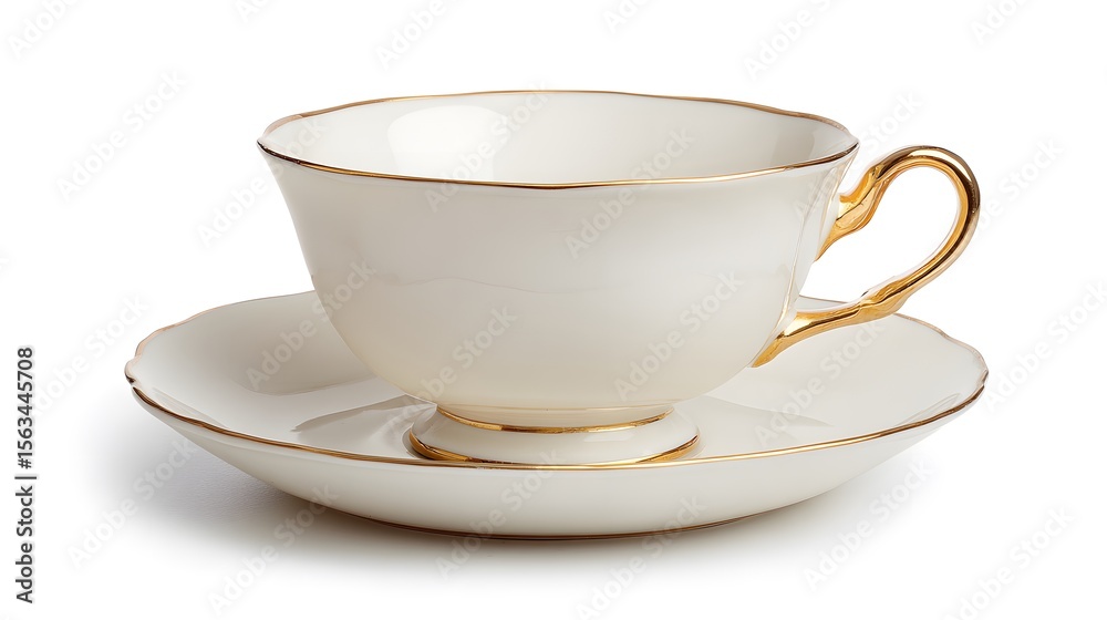 Fototapeta premium A white tea cup and saucer with gold trim on a white background.