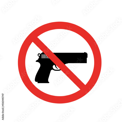 A prohibition sign design depicting a handgun crossed out in red, suitable for use in safety campaigns or restrictive zones.