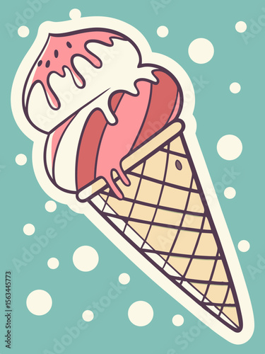 Retro strawberry ice cream cone with drips dots vector illustration