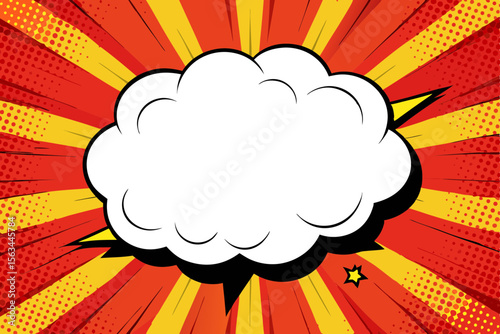 Explosion comic speech bubble with halftone dots rays vector illustration