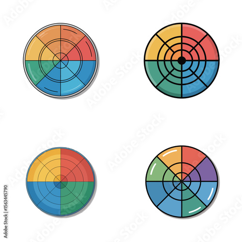 Four Colorful Circular Diagrams with Segmented Sections and Concentric Circles Displaying Variations in Color Schemes and Number of Segments Each diagram features a distinct color palette of