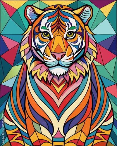 Tiger , Stained Glass Style, Full body	, stained glass style, full body, pattern polygon, full color rainbow