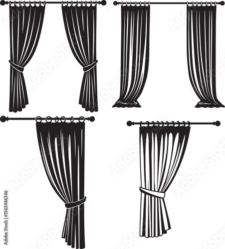 Curtains Hanging From Rod Window Drapery Silhouette Vector Set vector illustration