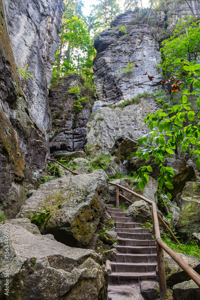 Fototapeta premium Rocky hiking trail with stone stairs winding through sandstone formations in Saxon Switzerland National Park near Rathen, Germany – a scenic route for outdoor enthusiasts.