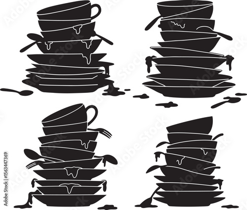 Dirty Dishes Looking Guilty Kitchenware Silhouette Vector Set vector illustration
