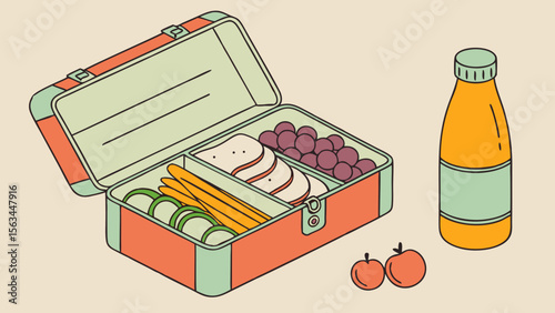 A vibrant vector cartoon illustration set of school supplies, including books, pencils, and healthy food and drink objects like milk, fruit, and juice cups, designed for a child's education