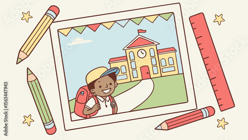 Little girl drawing a cartoon house with pencils, an illustration of a child's art education