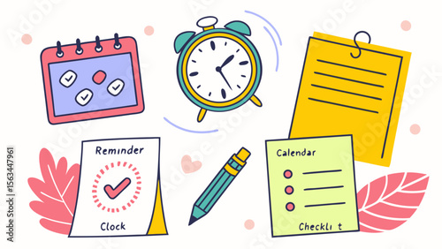 Flat vector illustration of a back-to-school stationery set with essential office and education icons like a book, pen, pencil, notebook, and clock, perfect for web and mobile design