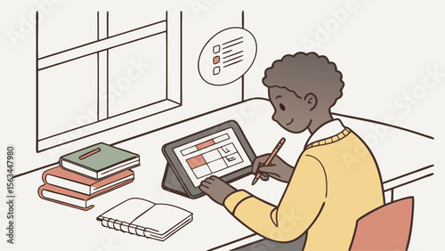 Cartoon vector illustration of a young man working on a laptop at his office desk, with a businesswoman also at work nearby
