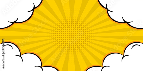 Yellow comic background with clouds and rays