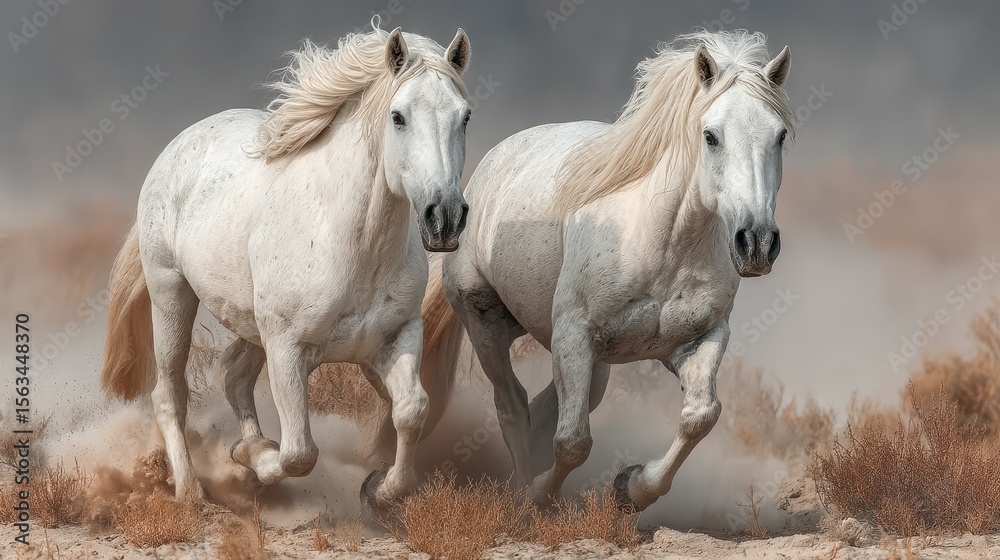 Obraz premium Two white horses galloping across a sandy desert landscape under cloudy skies at sunset
