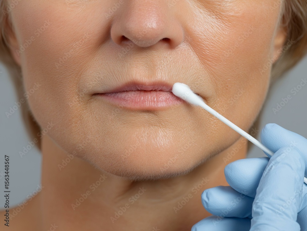 Obraz premium A close-up of a medical professional using a cotton swab on an elderly woman's lip for testing.