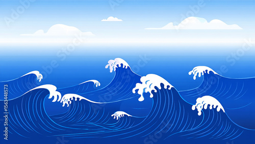 Abstract vector illustration of a sea and sky landscape with waves and clouds, capturing the essence of nature's ocean beauty