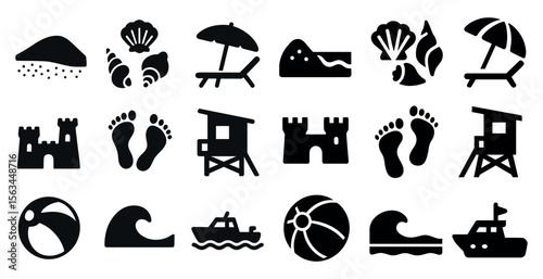 Collection of beach and ocean related icons. Some of the icons include a beach umbrella, a boat, a beach chair, a lifeguard, and a beach ball