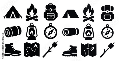 Variety of camping and outdoor-related icons, including a tent, a compass, a backpack, a map, and a fire. The icons are all black and white, giving the image a classic and timeless feel