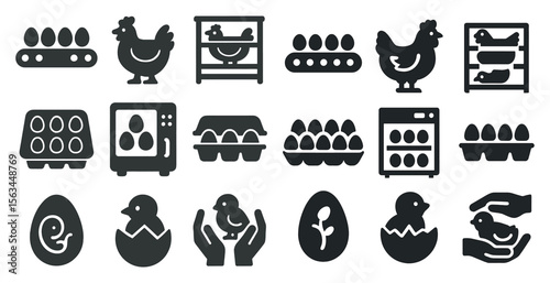 Collection of black and white icons depicting various aspects of the egg industry. The icons include eggs, chicken, and egg cartons, as well as machinery and equipment used in the production process