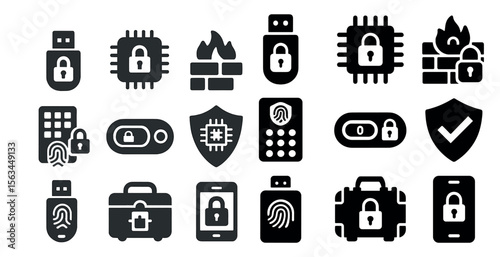 Collection of icons for various security measures. The icons include a key, a lock, a building, a phone, a computer, a USB drive, a wallet, a suitcase, and a cell phone