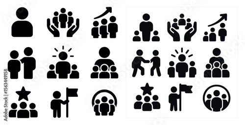Series of black and white icons of people in various positions, such as holding hands, shaking hands, and giving high fives. Scene is one of teamwork, collaboration, and support