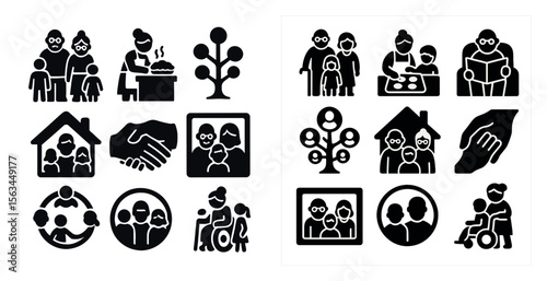 Variety of icons that represent different aspects of family life. The icons include a house, a tree, a book, a person holding a hand, and a person holding a cup. The icons are arranged in two rows