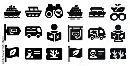 Collection of icons for various modes of transportation and leisure activities. The icons include a boat, a car, a bus, a train, a plane, a boat, a car, a bus, a train, a plane, a boat