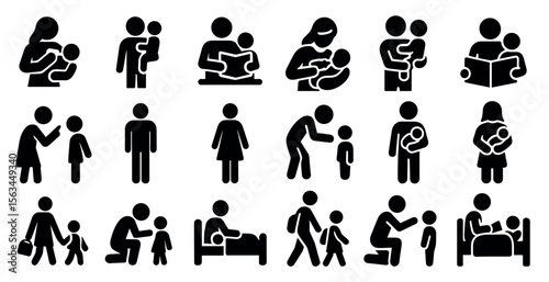 Collection of black and white icons depicting various family moments. The icons include a woman holding a baby, a man holding a baby, a woman reading a book, and a man holding a backpack