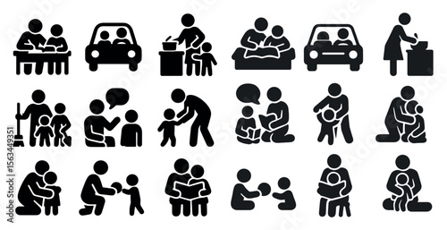 Series of black and white icons depicting various scenarios of people interacting with children. Scene is warm and nurturing, with the icons showing people helping
