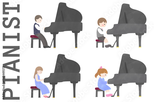 ピアノを弾く人々のイラストセット