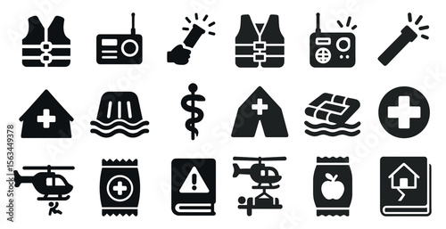 Collection of icons for various emergency services and equipment. The icons include a life preserver, a first aid kit, a medical cross, a helicopter, a fire extinguisher, and a book