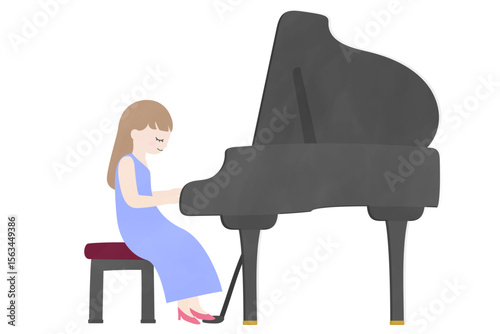 ピアノを弾く若い女性のフラットイラスト