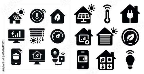 Collection of icons for smart home devices. The icons include a computer, a cell phone, a light bulb, a thermostat, and a window. The icons are arranged in two rows
